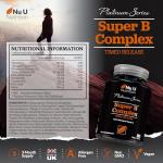 Super Vitamin B Complex - High Absorption Methylated B Vitamins with VIT C - 90 Timed Release Vegan Tablets - 3 Month Supply - B1, B2, B3, B5, B6, B8, B9 & B12 - Made in the UK - Nu U Nutrition