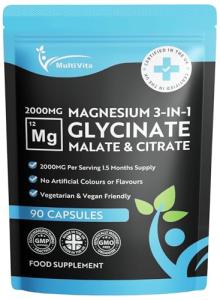 Magnesium Glycinate 3-in-1 Complex 2000mg – Triple Magnesium Blend with Bisglycinate, Malate & Citrate – 425mg Elemental – 90 Vegan Capsules – High Strength & High Absorption – UK Made Supplement