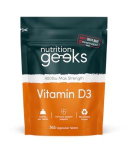 Nutrition Geeks, Vitamin D 4000 iu - 1 Year Supply, 365 Easy-Swallow Tablets Vegetarian D3 iu, High Strength Supplet UK Made VIT & Vitamins Awarded by The Independent