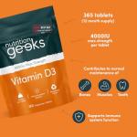 Nutrition Geeks, Vitamin D 4000 iu - 1 Year Supply, 365 Easy-Swallow Tablets Vegetarian D3 iu, High Strength Supplet UK Made VIT & Vitamins Awarded by The Independent