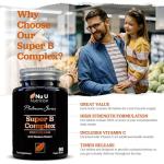 Super Vitamin B Complex - High Absorption Methylated B Vitamins with VIT C - 90 Timed Release Vegan Tablets - 3 Month Supply - B1, B2, B3, B5, B6, B8, B9 & B12 - Made in the UK - Nu U Nutrition