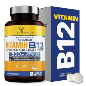 Vegan Vitamin B12 Tablets 1500mcg Methylcobalamin High Strength with Added Folic Acid & Black Pepper - 180 Tablets (6 Month Supply) - Reduction of Tiredness & Fatigue - Made in The UK by YrHealth