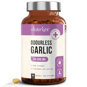 VitaBright Odourless Garlic Capsules High Strength | 30,000mg | 180 Capsules | 2 A Day | Garlic Tablets for Adults | Odourless Extract Supplement | High Allicin Pearls for Women & Men