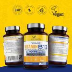 Vegan Vitamin B12 Tablets 1500mcg Methylcobalamin High Strength with Added Folic Acid & Black Pepper - 180 Tablets (6 Month Supply) - Reduction of Tiredness & Fatigue - Made in The UK by YrHealth