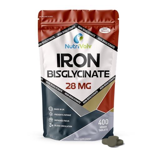 Iron Bisglycinate 28mg | 400 Tablets (6+ Months Supply) | Gentle High Absorption Iron Supplements for Women & Men | Immune System Booster | Ferrous Bisglycinate Form | Non-GMO | Vegan | by NutriVolv