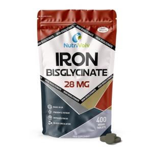 Iron Bisglycinate 28mg | 400 Tablets (6+ Months Supply) | Gentle High Absorption Iron Supplements for Women & Men | Immune System Booster | Ferrous Bisglycinate Form | Non-GMO | Vegan | by NutriVolv