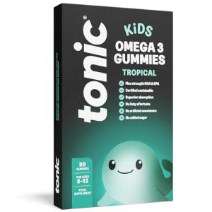 Tonic Health Kids Omega 3 Gummies – No Fishy Taste - 30 Sugar Free Tropical Gummies Max-Strength DHA & EPA Wild-Caught & Sustainably Sourced Supports Brain Vision & Heart Health