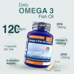 Omega 3 Fish Oil 1000mg, 120 Softgel Capsules. 4 Months Supply. EPA 180mg DHA 120mg. Supports Heart, Brain Function and Eye Health
