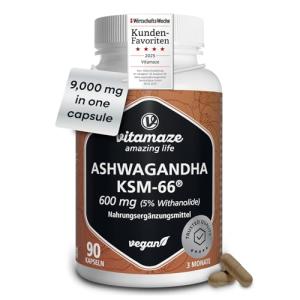 Premium Ashwagandha KSM-66® 9000 mg (15:1), Organic Root Extract with 5% Withanolides, High Potency, Only 1 Capsule Daily, Vegan, No Additives