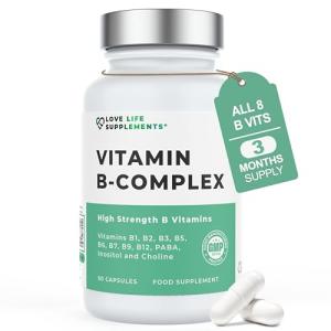 Vitamin B Complex High Strength | 90 Capsules - 90 Day Supply | All 9 B Vitamins B1-B2-B3-B5-B6-B7-B9-B10-B12, Inositol and Choline | Completely Clean - No Fillers | Love Life Supplements