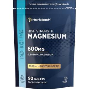 Magnesium 600mg of Elemental | High Strength Magnesium Oxide Tablets | Muscle, Bone & Energy Support | 90 Vegan Tablets | by Horbaach
