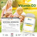 Vitamin D 3000IU - 365 Softgel Capsules - 1 Year Supply - Triple Strength Vitamin D3 Supplement - High Absorption Cholecalciferol - Made in the UK - Nu U Nutrition