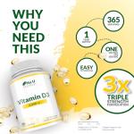 Vitamin D 3000IU - 365 Softgel Capsules - 1 Year Supply - Triple Strength Vitamin D3 Supplement - High Absorption Cholecalciferol - Made in the UK - Nu U Nutrition