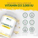 Vitamin D 3000IU - 365 Softgel Capsules - 1 Year Supply - Triple Strength Vitamin D3 Supplement - High Absorption Cholecalciferol - Made in the UK - Nu U Nutrition