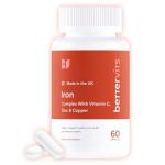 Bettervits Iron Tablets High Strength | Iron Supplements for Women and Men - Ferrous Bisglycinate Formulation | Active Vitamins C, B6, B9, B12, Zinc, Copper | Energy and Vitality - 60 Capsules