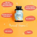 Vegavero Natural Vitamin C Supplement | Organic VIT C from Acerola Cherry Extract | 225% NRV | NO Additives| 180 Capsules | Vegan