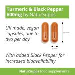 Natur Supps Turmeric and Black Pepper Capsules High Strength 600mg, Vegan and Vegetarian Turmeric Curcumin Supplement, Pack of 365, Superior Absorption to Tablets