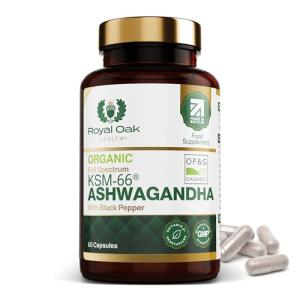 Organic High Concentration Full Spectrum KSM-66 ASHWAGANDHA with 5% Withanolides and Black Pepper, Made in Britain by Royal Oak Health, 60 Capsules