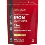 Iron Tablets High Strength 28mg | 500 Tablets (8+ Months Supply) | Highly Bioavailable | Elemental Iron From 163mg Ferrous Bisglycinate | Vegan | Supplement for Men & Women | By Horbaach