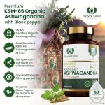 Organic High Concentration Full Spectrum KSM-66 ASHWAGANDHA with 5% Withanolides and Black Pepper, Made in Britain by Royal Oak Health, 60 Capsules