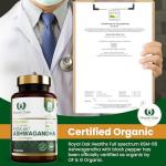 Organic High Concentration Full Spectrum KSM-66 ASHWAGANDHA with 5% Withanolides and Black Pepper, Made in Britain by Royal Oak Health, 60 Capsules