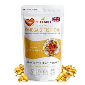 Red Label Health Omega 3 Fish Oil 1000mg, Pack of 90 Soft Gel Capsules (3 Months Supply), Double Strength 180mg EPA and 120mg DHA, Supports Eye, Heart & Brain Health for Men & Women - UK Made
