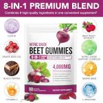 Beetroot Gummies, 4000mg Organic Beetroot Extract Supplement High-Concentration 8 in 1 Beetroot Supplement with Vitamin C, B12 CoQ10 Grape Seed Extracts, Boost Energy Levels & Heart Health 90Chews