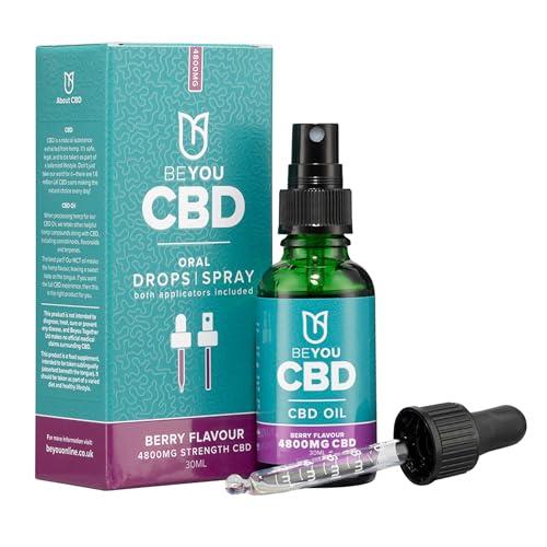 BeYou CBD Oil - 4800mg CBD Drops & Spray - High Strength CBD with MCT Oil - Lab Tested, No THC - Berry Flavour - 30ml - Soothes Stress, Anxiety, Sleep, Aches & Pains