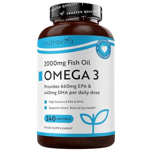 Nutravita Omega 3 Capsules High Strength 2000mg with 660mg EPA & 440mg DHA, 240 Softgel Omega 3 Fish Oil Capsules for 4 Months of Supply, Fish Oil Omega 3 Supplements
