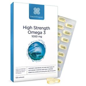 Healthspan High Strength Omega 3 1,000mg (120 Capsules) | Supports Brain, Eye & Heart Health | 120mg DHA & 170mg EPA Per Capsule | Highly Purified to Remove Toxins | Sustainably Sourced Fish Oil