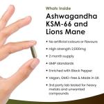 Ashwagandha KSM-66 and Lions Mane Capsules - High Strength 2000mg KSM-66 Ashwaghandha Root Extract and Lions Mane Mushroom Extract - 120 Vegan Capsules with Black Pepper - UK Made by New Leaf