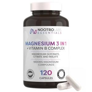 Nootro Essentials Magnesium 3-in-1 Capsules, High Strength Magnesium Supplement with Glycinate, Malate and Citrate for Sleep, Muscle & Digestive Support (60 Servings - 2 Capsules Daily)