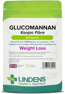 Lindens Glucomannan (Konjac Fibre) Capsules - 3,000mg Per Serving - 90 Pack - Weight Loss Aid - Contributes Towards The Reduction of Appetite - Weight Loss Supplement - Letterbox Friendly