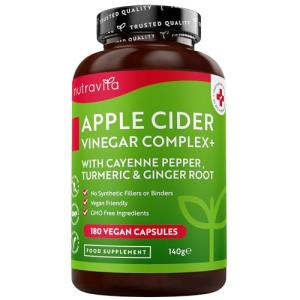 Nutravita Apple Cider Vinegar Capsules with Cayenne Pepper, Turmeric and Ginger Root - 180 Vegan Capsules Made from UK Grown Apples - Raw Unfiltered ACV - 1033mg Daily Dosage - Made in The UK
