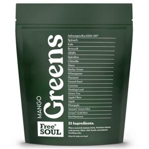 Free Soul Greens | 21 Advanced Greens, Superfoods, and Adaptogens Including KSM-66 Ashwagandha, Vegan & Gluten-Free, Advanced Natural Formula | UK Made | 30 Servings | Mango Flavour