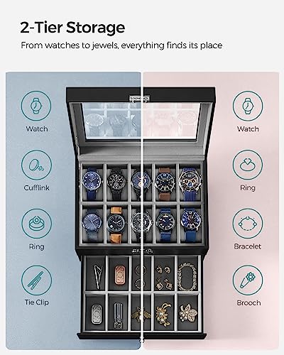 SONGMICS Black Men's Watch Box with Glass Top