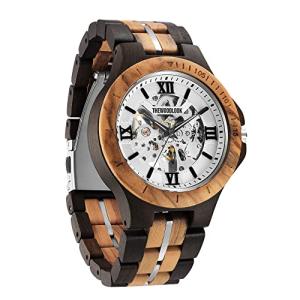 Barcelona Mechanical Wooden Watch for Men – White Dial Automatic Timepiece in Ebony & Olive Wood – Ideal 5th Anniversary Gift, Stylish Present for Him, Unique Groomsmen or Husband Watch