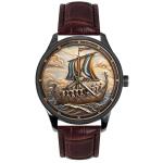 Ancient Greek Sailing Ship Original Art Metallic Print Beautiful Men's Solid Brass Collectible Dress Watch