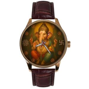 Hinduism Lord Ganesha, The Elephant God, Ganesh Yantra Om Saffron Artwork Solid Brass Hindu Devotional Watch