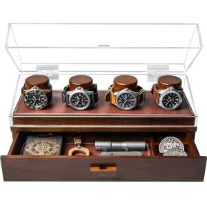 Holme & Hadfield Premium 4-Slot Wooden Watch Display Case – Handcrafted Men’s Watch Box with Accessory Drawer, Hinged Cover, Leather Lining – Birthday Gift for Collectors – Luxury Built to Last