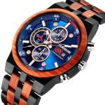 Lisbon - Wooden Watch for Men – Chronograph Blue Dial Watch with Ebony & Red Sandalwood | Anniversary or Birthday Gift for Him – Seiko Movement, Adjustable Strap, Gift Box Included