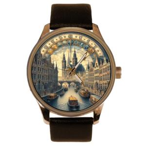 City of Amsterdam, Netherlands, Medieval Architectural Study Solid Brass Watch