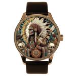Beautiful Native American Shaman Art Indian Head Feathers Solid Brass Collectible Men's Watch