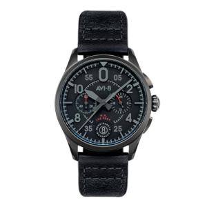 AVI-8 Mens 42mm Spitfire Lock Chronograph Slate Black Japanese Quartz Pilot Watch with Leather Strap AV-4089-03