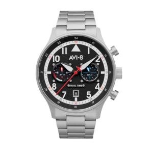 AVI-8 Mens 43.5mm Hawker Hurricane Carey Dual Time Rangoon Japanese Quartz Pilot Watch with Stainless Steel Bracelet AV-4088-11