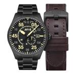 AVI-8 Mens 42mm Spitfire Type 300 Automatic Midnight Chrome Yellow Pilot Watch with Solid Stainless Steel Bracelet AV-4073-33