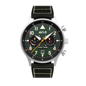AVI-8 Mens 43.5mm Hawker Hurricane Carey Dual Time Merville Japanese Quartz Pilot Watch with Leather Strap AV-4088-02