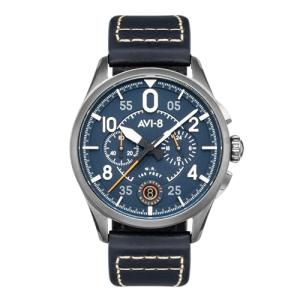 AVI-8 Mens 42mm Spitfire Lock Chronograph Channel Blue Japanese Quartz Pilot Watch with Leather Strap AV-4089-04