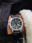 AVI-8 Mens 42mm Spitfire Lock Chronograph Midnight Oak Japanese Quartz Pilot Watch with Leather Strap AV-4089-01