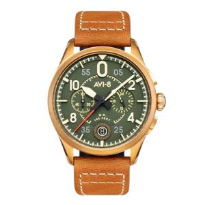 AVI-8 Mens 42mm Spitfire Lock Chronograph Bronze Green Japanese Quartz Pilot Watch with Leather Strap AV-4089-02